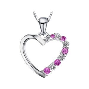 Sterling Silver Pink Sapphire Necklace Lab Created CZ Heart Pendant Snake Chain